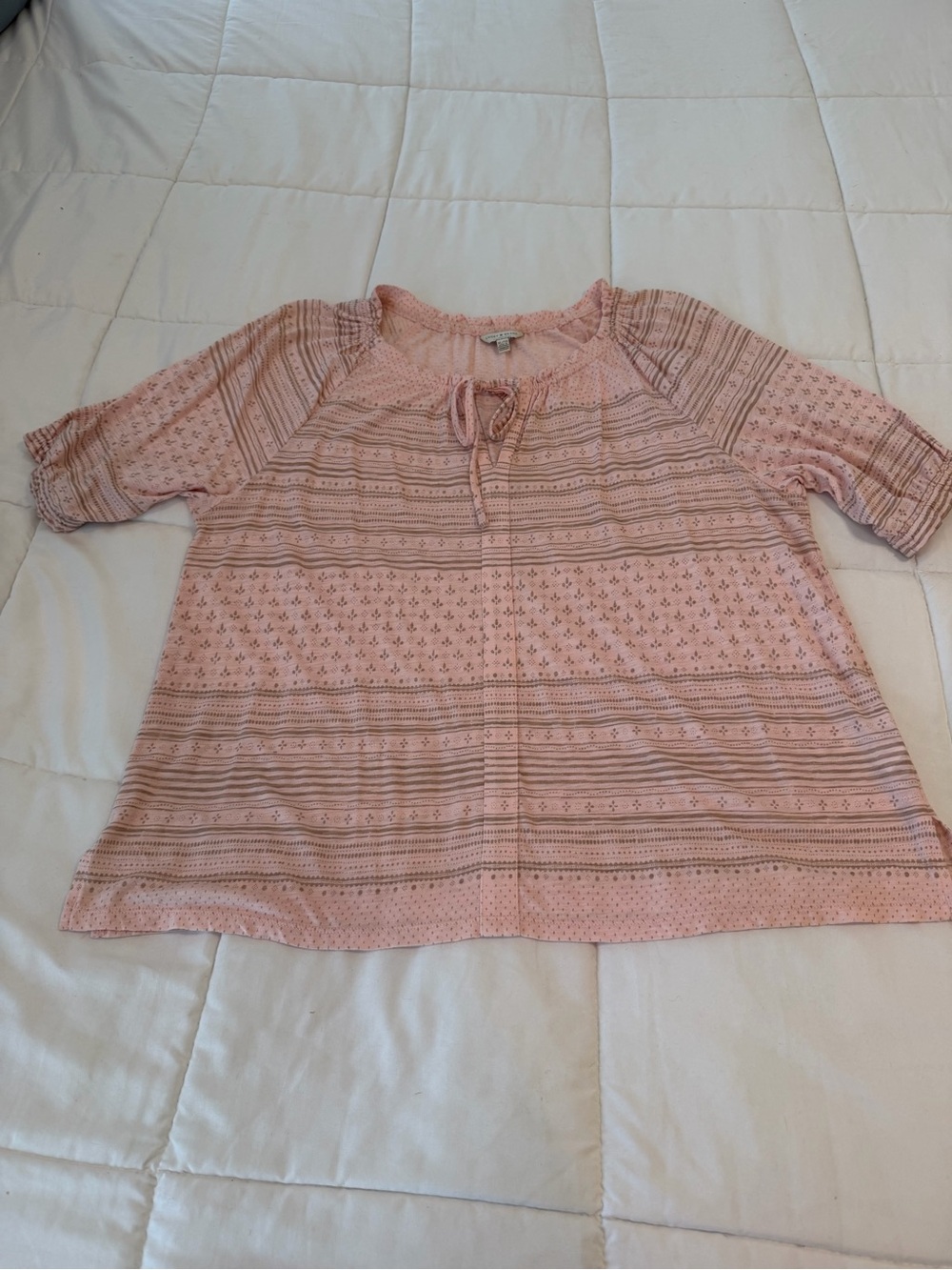 Lucky Brand Pink Patterned Tie-Neck Peasant Top